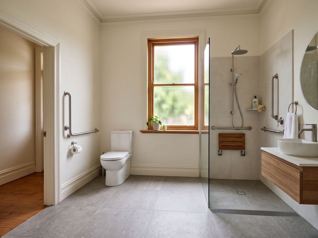 Accessible bathroom with grab bars, shower seat and wide doorway