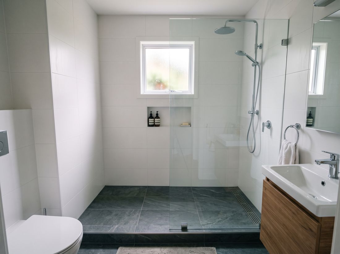 Bathroom where a tub was replaced with a low-threshold walk-in shower